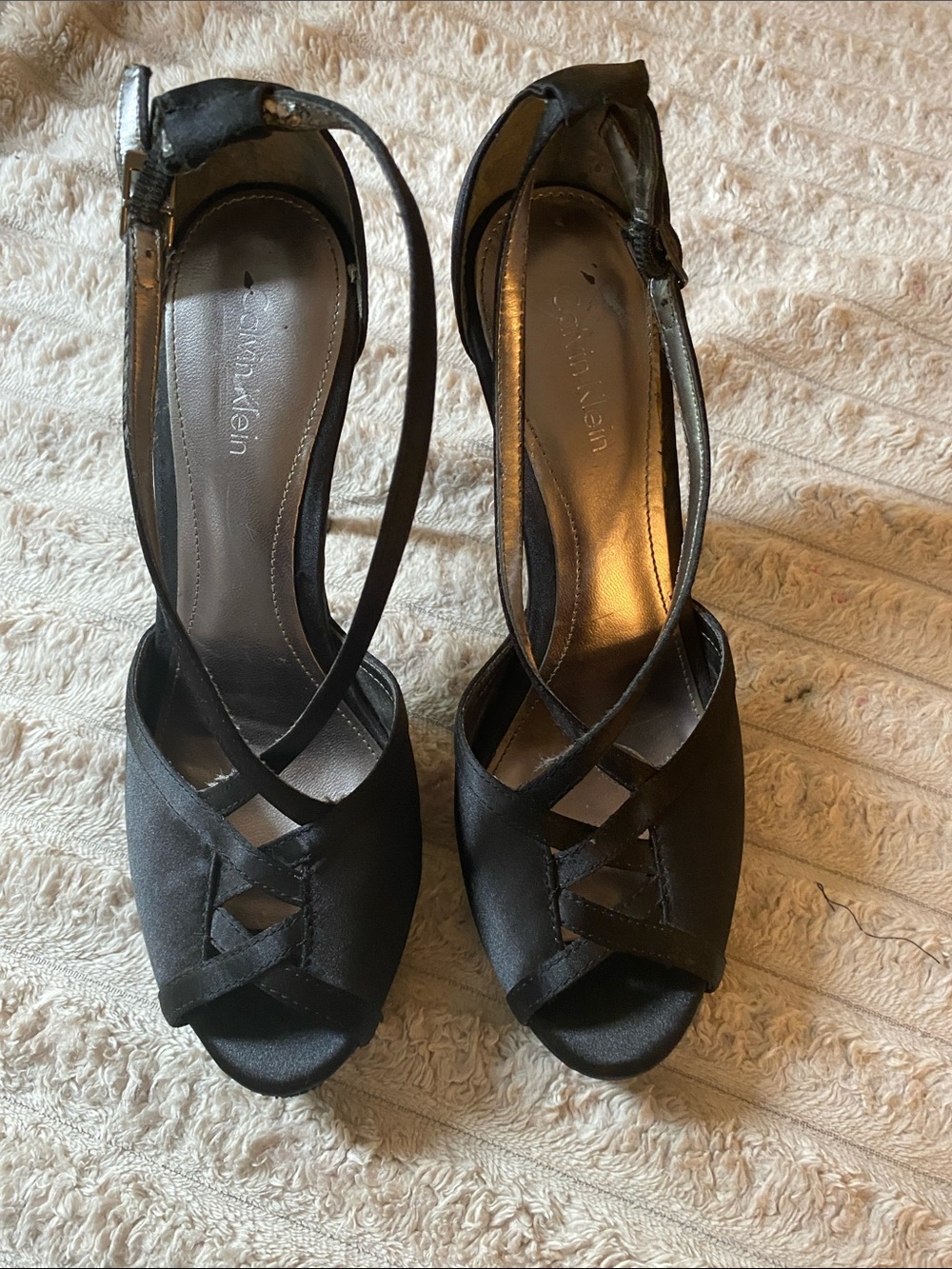 Pre- Loved Calvin Klein Black Satin Crisscross Peep-Toe Heels with Ankle Strap.